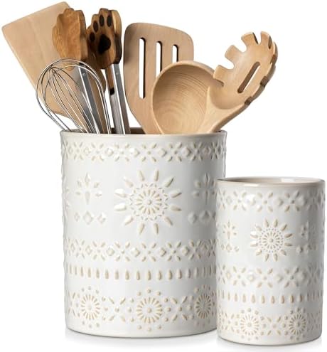 LOVECASA Ceramic Utensil Holder Set of 2, 7.2'' & 5.4'' Kitchen Crocks