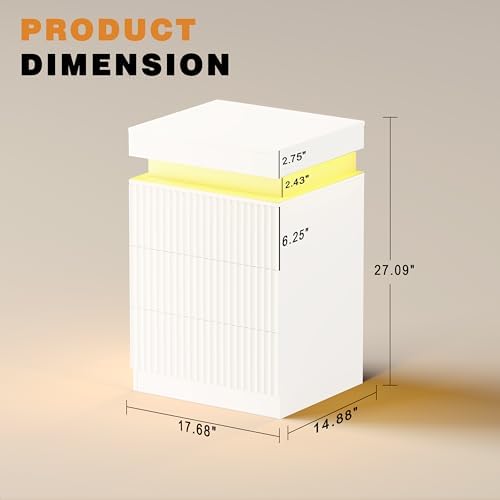 Fluted Nightstand with Charging Station & RGB LED Lights, White