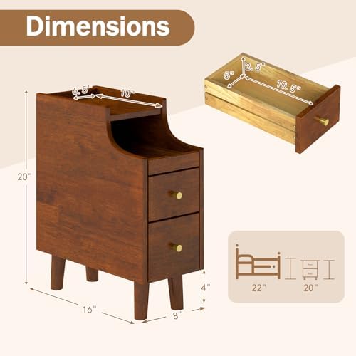 KOMFOTT Narrow Nightstand with Drawers, Solid Wood Bedside Table with Pull-Out Tray & 2 Storage Drawers, Slim Sofa End Table with Cable Management for Small Spaces, Bedroom (Brown)