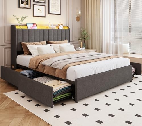 Full Bed Frame with 4 Drawers and Storage Headboard, Upholstered Platform Bed Frame Full Size with Led Lights and Handy Charging Station, No Box Spring Needed, Easy Assembly, Noise Free, Gray