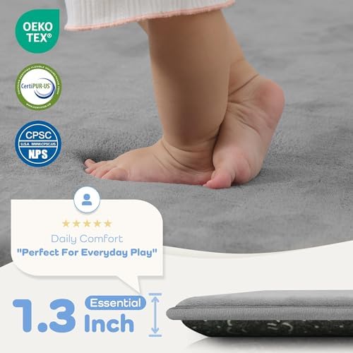 1.3" Thick Baby Play Mat 39x59 Memory Foam Play Mat, Light Grey