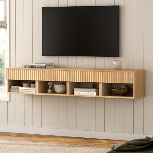 Floating nightstand Set of 4，Modern Fluted Bedside Tables with Drawer & Open Shelf Oak