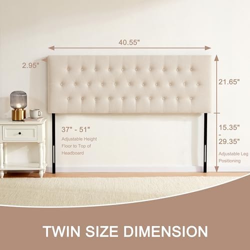 Tufted Upholstered Headboard Twin Size, Adjustable Height 37- 51 in, Beige