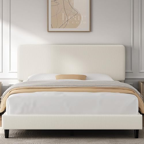 Yaheetech Full Bed Frame, Adjustable Chenille Upholstered Headboard, Beige