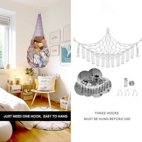 Amdermi Upgrade Stuffed Animal Hammock Corner or Wall Hanging Net for Stuffy Animal Storage Macrame Toy Display Over Door Toy Holder Kid Bedroom Decor Playroom Organizer (Purple)