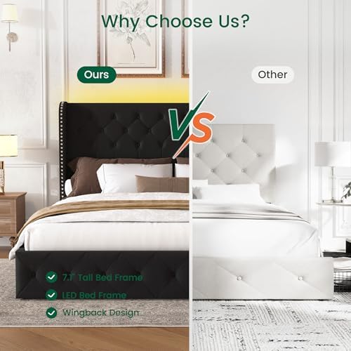 LARMACE King Size Bed Frame with LED Lights and 4 Storage Drawers Velvet Upholstered Platform Bed Frame with 47.2" Tall Tufted Headboard Wingback, No Box Spring Needed, Easy to Assemble, Black