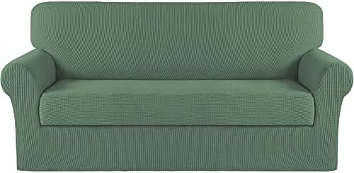 Turquoize Stretch Sofa Slipcover 2 Pieces Sofa Cover Couch Cover for 3 Cushion Couch Washable Furniture Protector Covers with Elastic Bottom Feature Thick Jacquard Fabric (Sofa, Loden Frost)