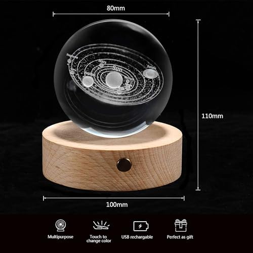 3D Solar System Crystal Ball with Wood Base, Engraved Universe Planet Sphere, Kid Education Decorative Glass Ball, Decor Creative Gift