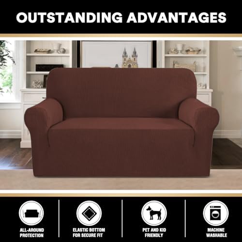 PrinceDeco Stretch Sofa Slipcover 1 Piece Sofa Cover for 2 Cushion Couch Furniture Protector/Cover Couch with Elastic Bottom Soft and Durable Sofa Cover Pet Protector (Loveseat, Burnt Brick)