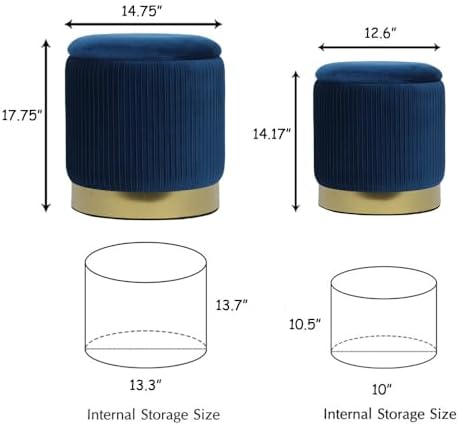 Round Ottoman with Storage Set of 2 Blue Velvet Vanity Stool