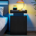 Baoz Black LED Nightstand with Door, Modern Bedside Table for Bedroom
