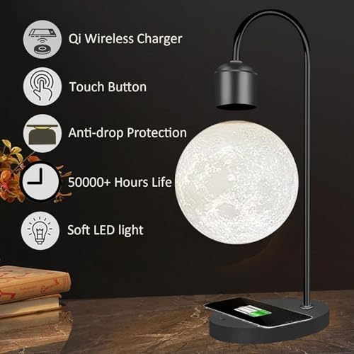 Magnetic Levitating Moon Lamp Levitation Plastic Black Table LED Night Light Zero-Gravity Floating Desk Toys for Decoration Gifts Present with Phone Wireless Charging Pad (3 Colors)