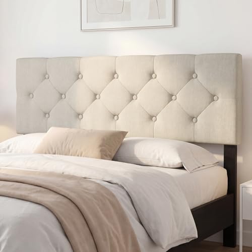 KOMFOTT Linen Upholstered Headboard for Full & Queen Size Bed Frame, Tufted Button Bed Headboard with Solid Rubber Wood Legs, Rectangular Headboard with Adjustable Width (Rhombic Button Tufted,Beige)