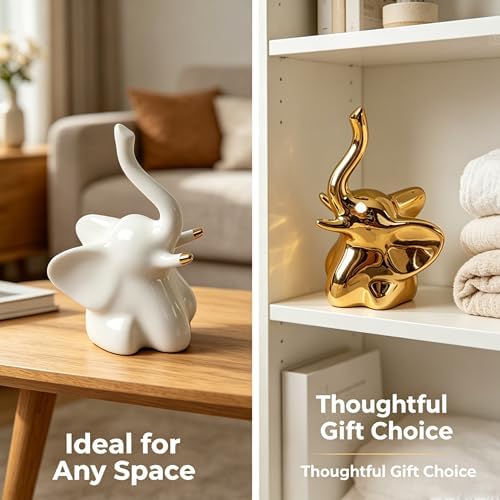 Gold and White Elephant Statues, 2 Pack Ceramic Shelf Decor