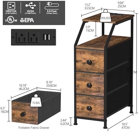 Tohomeor Narrow Dresser Tall Skinny Storage Tower Vertical Slim Chest of Drawers with Charging Station Small Nightstand Side Table for Bedroom, Bathroom, Small Spaces (Rustic Brown, 3 Drawers)