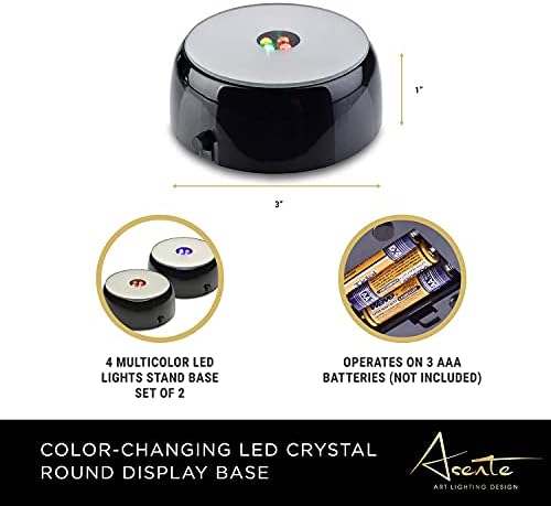 4 LED Crystal Round Display Base w/ Mirror Top - Lighted Stand for Crystal Art - Color-Changing 3 Inch LED Light Base - Battery Operated LED Stand for 3D Art - Black, Set of 2