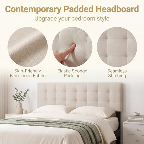 GIANTEX Linen Upholstered Headboard, Queen/Full Size Grid Quilted Linen Fabric Head Board with Wood Support Legs, Attach Frame, Width Adjustable Modern Bed Headboard Only (Beige)