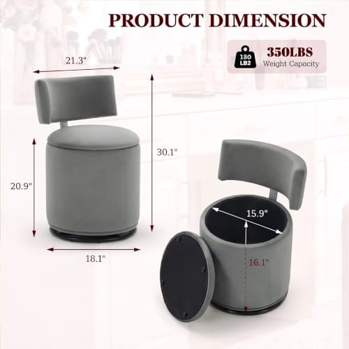 Swivel Vanity Chair with Storage, Velvet Makeup Stool with Higher Back for Living Room, Bedroom, Dressing, Grey