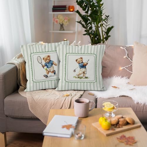 Sports Bear Nursery Throw Pillow Cover 18x18, Golf Tennis Player Bear Decorative Pillow Covers for Kids Toddler Boy Nursery Room Bedroom Playroom, Sports Accent Pillows Cover Pillowcases, Set of 2