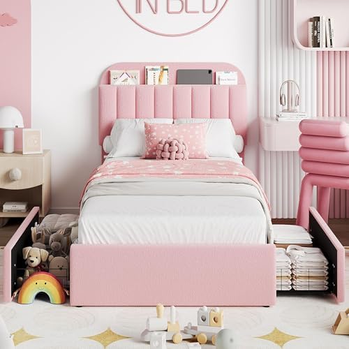 IDEALHOUSE Twin XL Bed Frame for Kids, Boucle Upholstered Platform Bed for Girls with 2 Flexible Drawers, Bookcase Headboard, Noise-Free, Easy Assembly, No Box Spring Needed, Pink