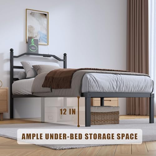 Metal Bed Frame with Headboard - 14 Inch Twin XL Size Heavy Duty Bedframe with Charging Station Black Basic Steel Slats Platform No Box Spring Needed/Noise Free