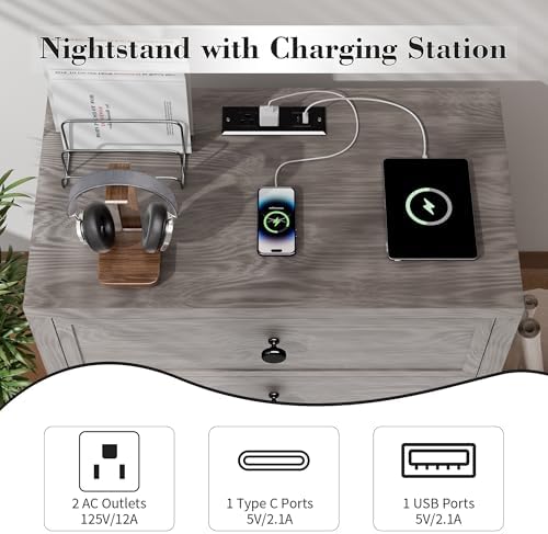 COWMOU Nightstand with Drawers 3 Drawer Night Stand with Charging Station Farmhouse Style Large Bed Side Table Wooden Dresser for Bedroom Living Room (1, Grey Grain)