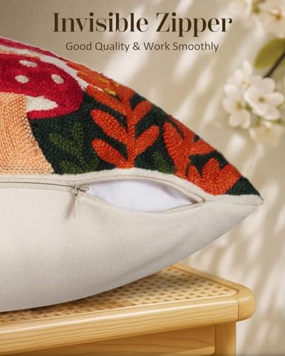 Embroidered Throw Pillow Cover 20x20 Inch, Mushroom Moon