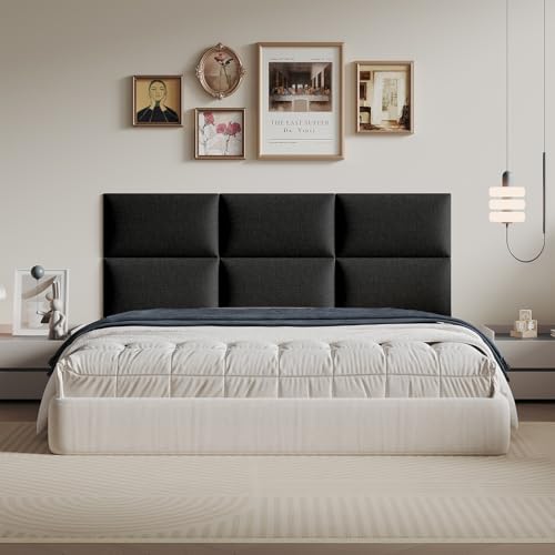 Compact Black Linen Wall-Mounted Headboard 24x12 Inch 6-Panel Kit - Space-Saving Design for Queen Beds, Non-Damaging Installation