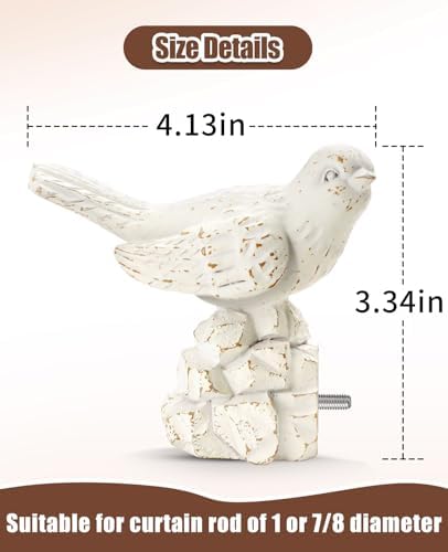 1 or 7/8 Inch Bird-Shaped Decorative Finials for Curtain Rods White Curtain Rod Ends Metal Curtain Rod Finials Ends Easy to Install Set of 2 Rod End