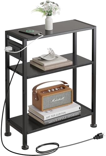 End Table with Charging Station, 3-Tier Side Table for Small Space, Skinny Nightstand with USB/Type C Port and 2 Outlets, Slim Sofa Beside Table for Living Room, Bedroom and Balcony, Black