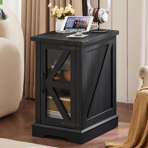 Joaxswe Narrow Night Stand with Charger Station, Glass Barn Door