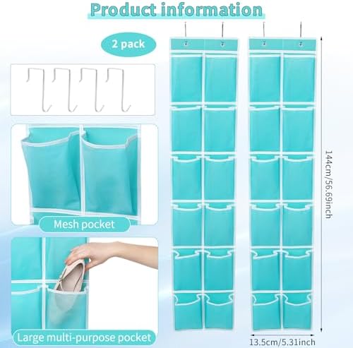 GOMAJI 2PK Over the Door 12 Large Pockets Hanging Shoe Organizer, Turquoise
