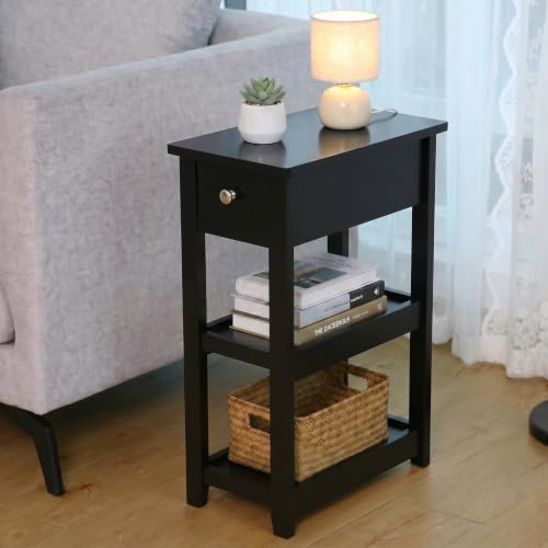 SEJOV Narrow Side Table, Small Black End Table with Drawer and 2 Shelves