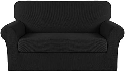 Turquoize Stretch Sofa Slipcover 2 Pieces Sofa Cover Couch Cover for 2 Cushion Couch Washable Furniture Protector Covers with Elastic Bottom Feature Thick Jacquard Fabric (Loveseat, Black)