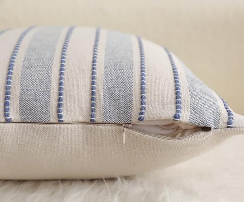Cethom Decorative Boho Throw Pillow Covers, Farmhouse Textured Pillow Case, 20 x 20 Inch Set of 2, Chair Sofa Bedroom Living Room Home Decor Couch Cushion Case, Classic Blue and Beige Striped