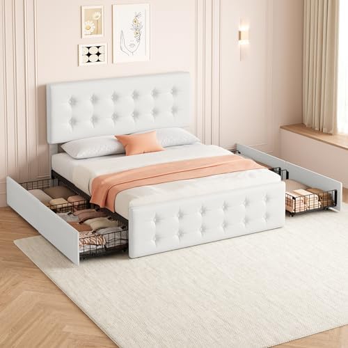 IDEALHOUSE Full Size Bed Frame with 4 Storage Drawers and Headboard, Beige