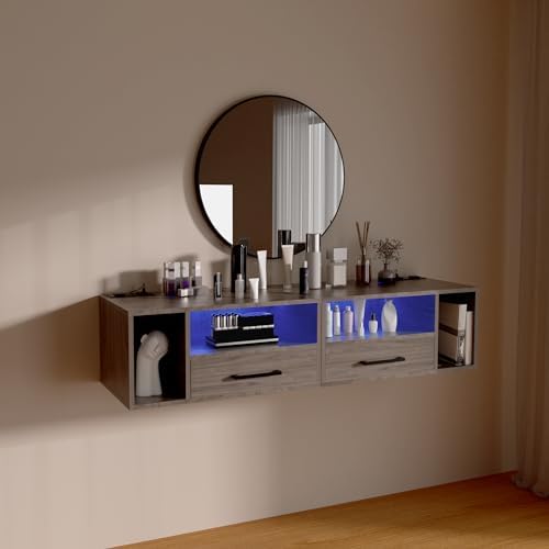 Homaterial Floating Nightstand with Lights, Grayish Brown