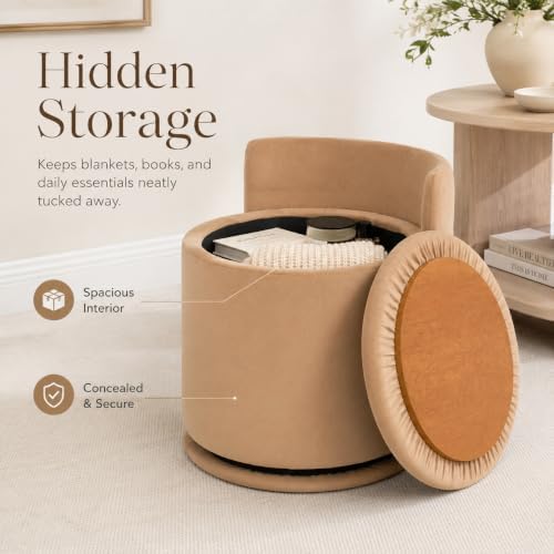 360° Swivel Makeup Chair with Storage, Upholstered Accent Stool with Back, Round Vanity Stool Ottoman for Living Room, Makeup Room, Bedroom (Khaki)