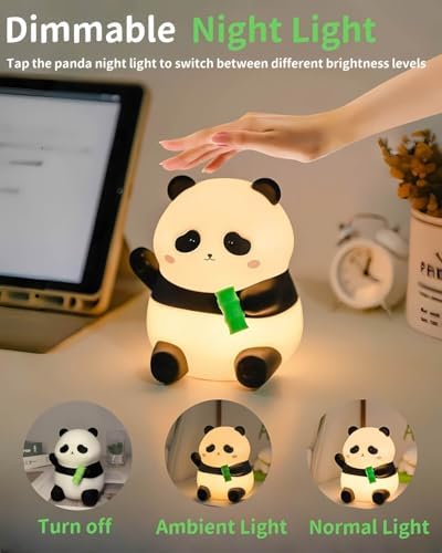Panda Night Light for Kids, Cute Squishy Silicone Panda Lamp, 50-Hour Rechargeable Bedside Nursery Light with Tap Control, 2 Brightness Levels, 30-Min Auto-Off Timer, Gift for Toddlers