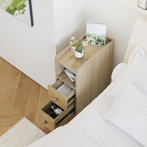 7.8" Narrow Nightstand Set of 2 with 2 Drawers & Open Storage,Oak