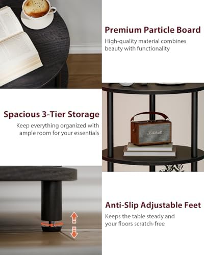 XBurmo Round Coffee Table for Living Room - Narrow Side or Bedside Stand, Industrial Vintage Nightstand for Bedroom, or Small Spaces, Charcoal Wenge
