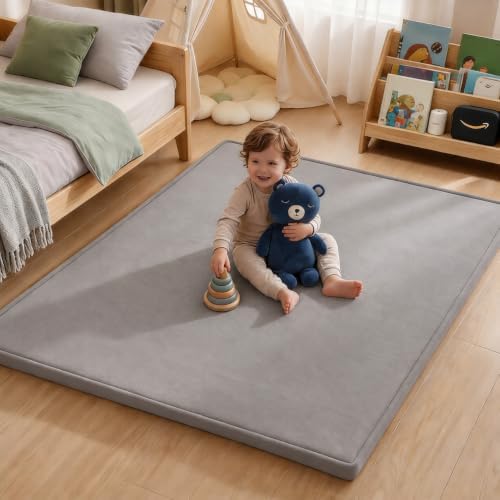 Ultra Soft Baby Play Mat for Floor, 59"×71" Playpen Mat, 1.3" Thick Memory Foam, Non-Slip Tummy Time Mat for Infants, Toddlers, and Kids – Water-Repellent Coral Velvet, Easy Care-Light Gray