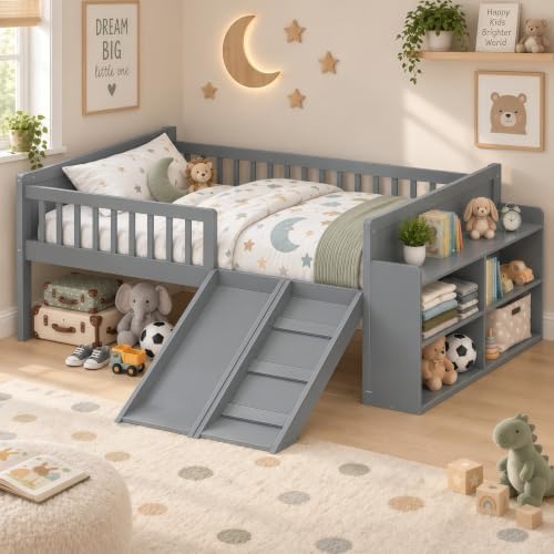SOFTSEA Full Size Low Loft Bed with Slide and Storage Shelves, Wood Loft Bed Frame with Full Length Guardrails for Kids, Gray