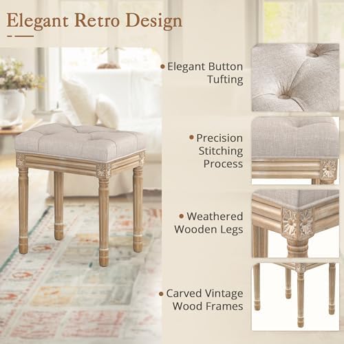 LUE BONA Upholstered Fabric Vanity Bench Seat, Makeup Stools for Vanity, Square Tufted Ottoman Bench with Carved Wood Color Legs for Bedroom Living Room, Linen Color