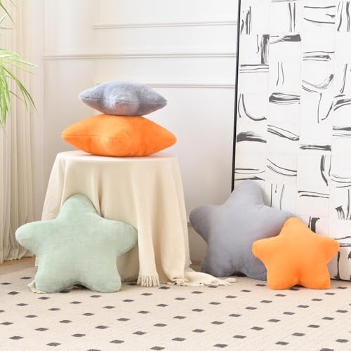 Star Pillow, Decorative Throw Pillows for Bed Couch, 15" Star Shaped Pillow Plush Floor Cushions Room Decor Pillow with Faux Rabbit Fur for Sofa Bedroom Living Room (Light Grey, 15" x 15")