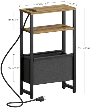 Narrow Side Table with Charging Station Slim End Table Sofa with Magazine Rack, Bedside Table for Small Spaces, 3 Tier Nightstand for Living Room Couch, Bedroom Walnut Brown LET503BRE
