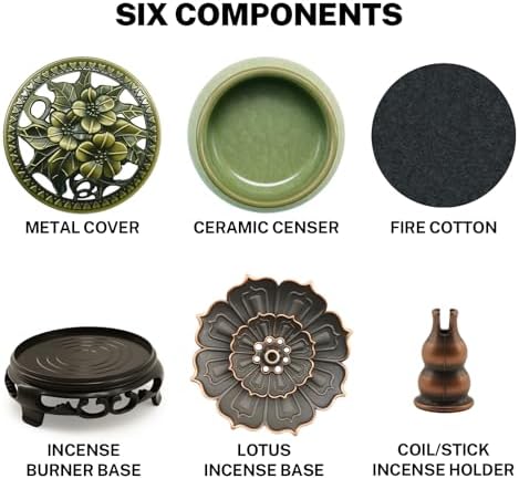 Ceramic Incense Burner with Lotus Incense Holder, Multi-Functional Incense Burner Holder for Incense Sticks, Coil Incense and Cones, Perfect Home Decor