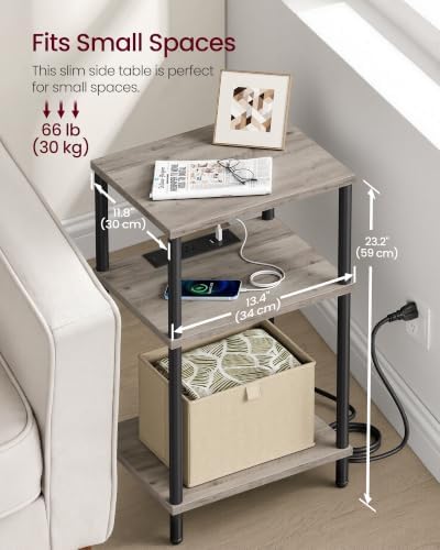 VASAGLE Side Table with Charging Station, 3-Tier Small Tall End Table