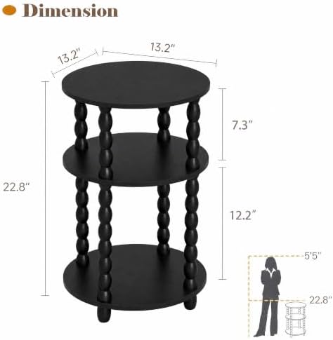 3-Tier Round Side Table, Small End Table with Solid Wood Spindle Legs Black