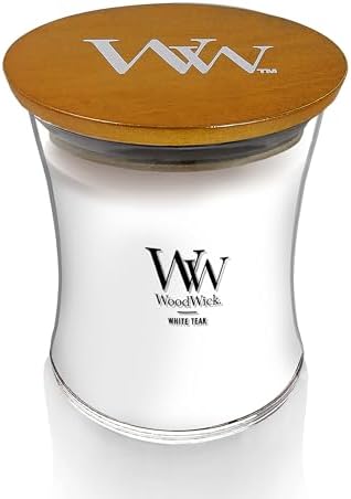 WoodWick Medium Hourglass Candle White Teak - Premium Soy Blend Wax Pluswick Innovation Wood Wick Made in USA (Pack of 4)